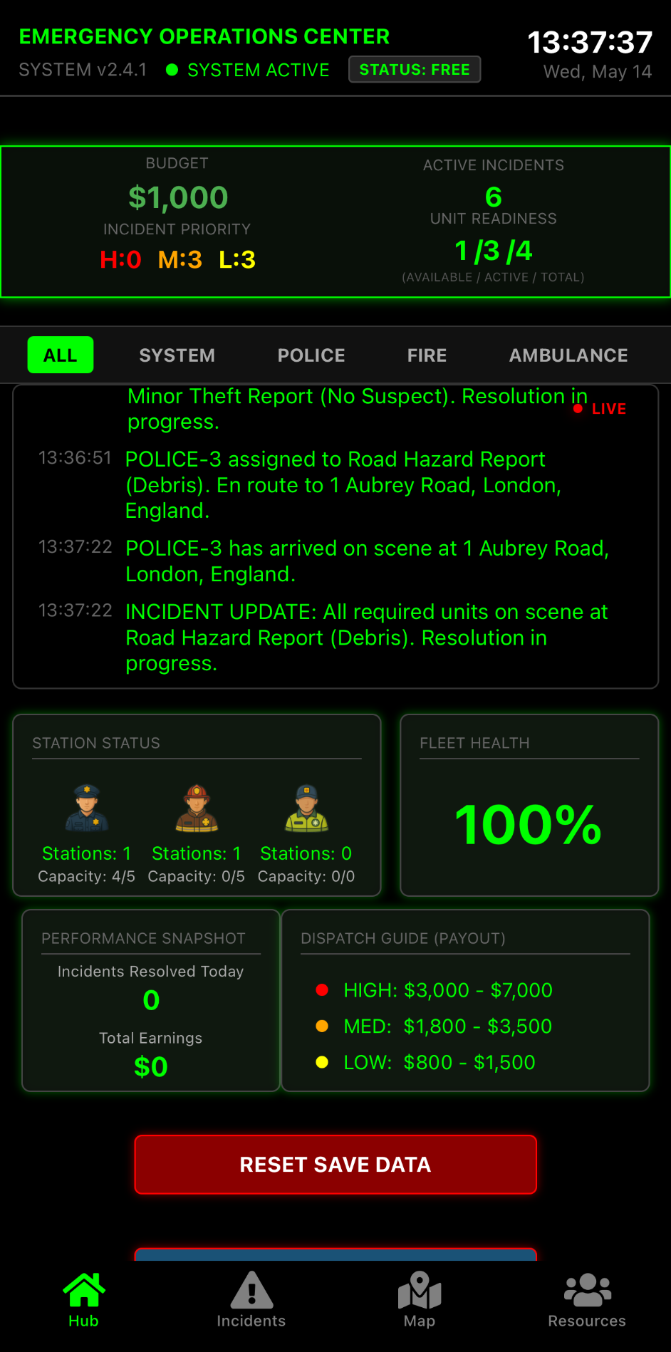 Dispatch Commander — global incident map screenshot